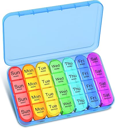 Betife Pill Box 4 Times a Day 7 Day Weekly Pill Organizer Blue