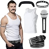 Mepase 5 Pcs Halloween Rock Star Costume Accessories for Men 80s Rock Costume Vest Microphone Belt Beard Arm Band for Cosplay