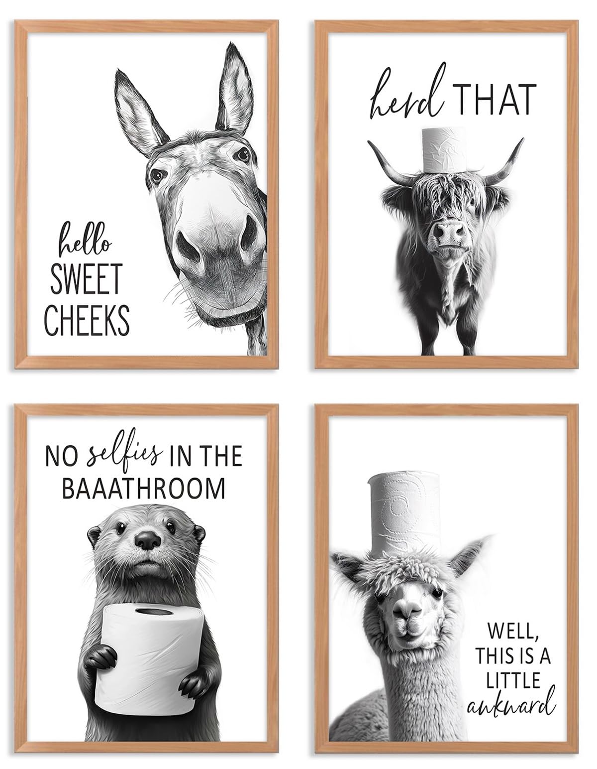 Photo 1 of ***ONLY 2*****Funny Bathroom Wall Art Black and White Bathroom Signs Decor Rustic Donkey Cow Pictures Wall Decor Funny Animals Head on Tissue Paper Canvas Art Prints for Toliet Bedroom,Unframed,8x10inchx4pcs