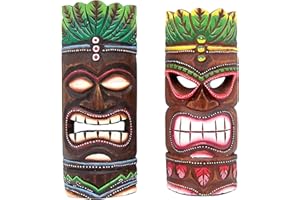 WOWSER Unique Wall Decor- Hand Crafted Hawaiian Style Wooden Tiki Masks, Set of 2 Assorted Designs
