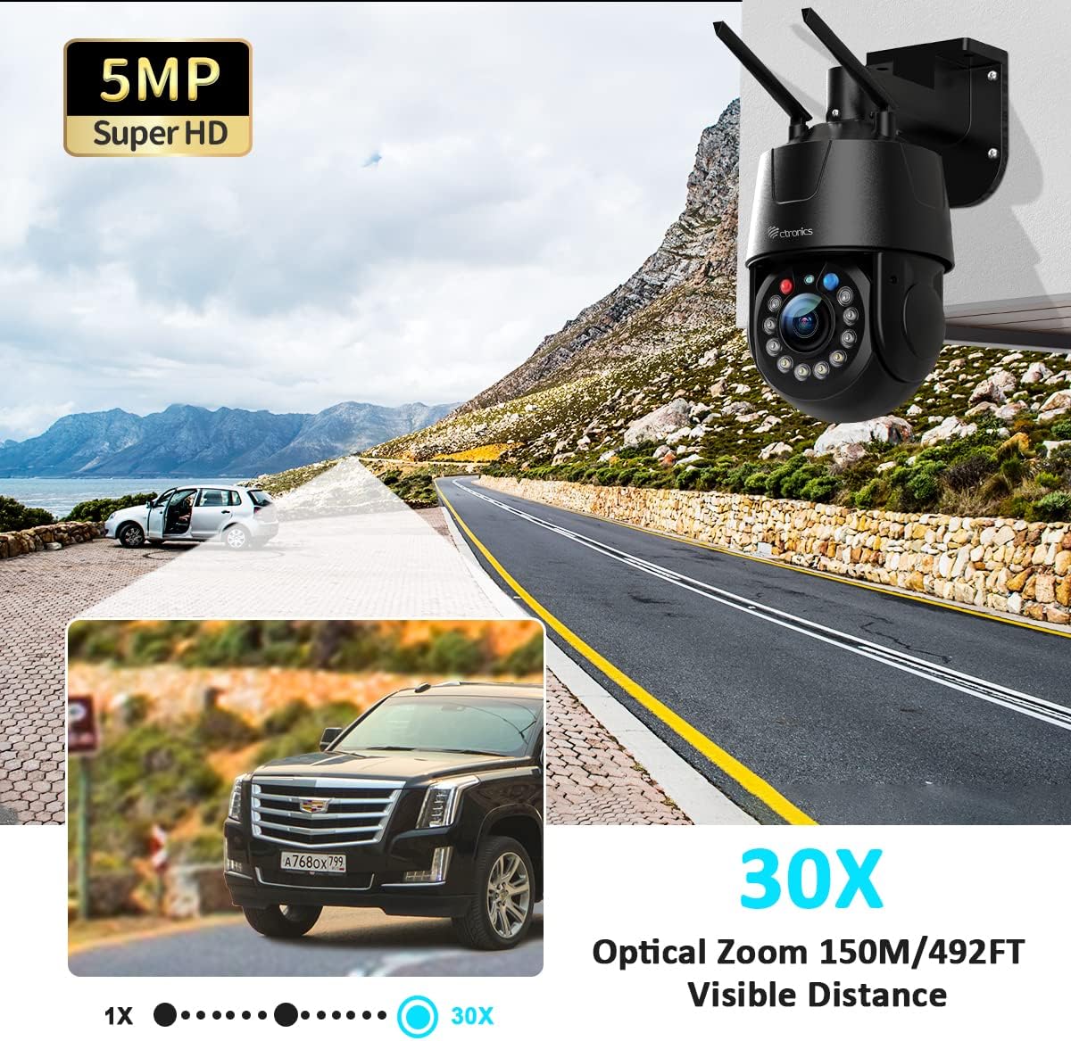 Ctronics 5MP camera with 30X optical zoom, showing a distant car clearly magnified.