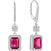 FJ Princess Cut Dangle Drop Earrings 925 Sterling Silver Square Halo Leverback Earrings Birthstone Jewelry for Women
