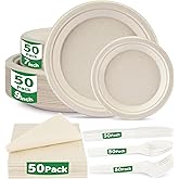 300 Pcs Compostable Dinnerware Set - Serves 50 Guests with Heavy Duty 9 & 7 Inch Plates, Napkins & Cutlery | Biodegradable Sugarcane Eco-Friendly Party Supplies for Birthday, Christmas, Holiday