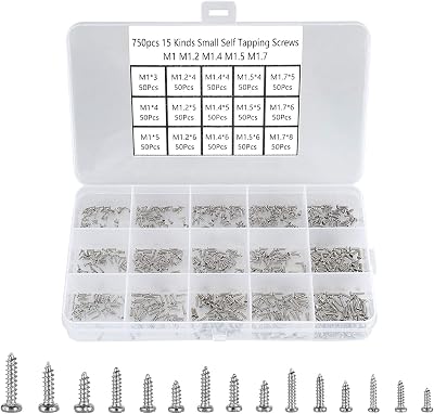 FandWay 750Pcs Tiny Self Tapping Screws Set M1 M1.2 M1.4 M1.5 M1.7 for Watches