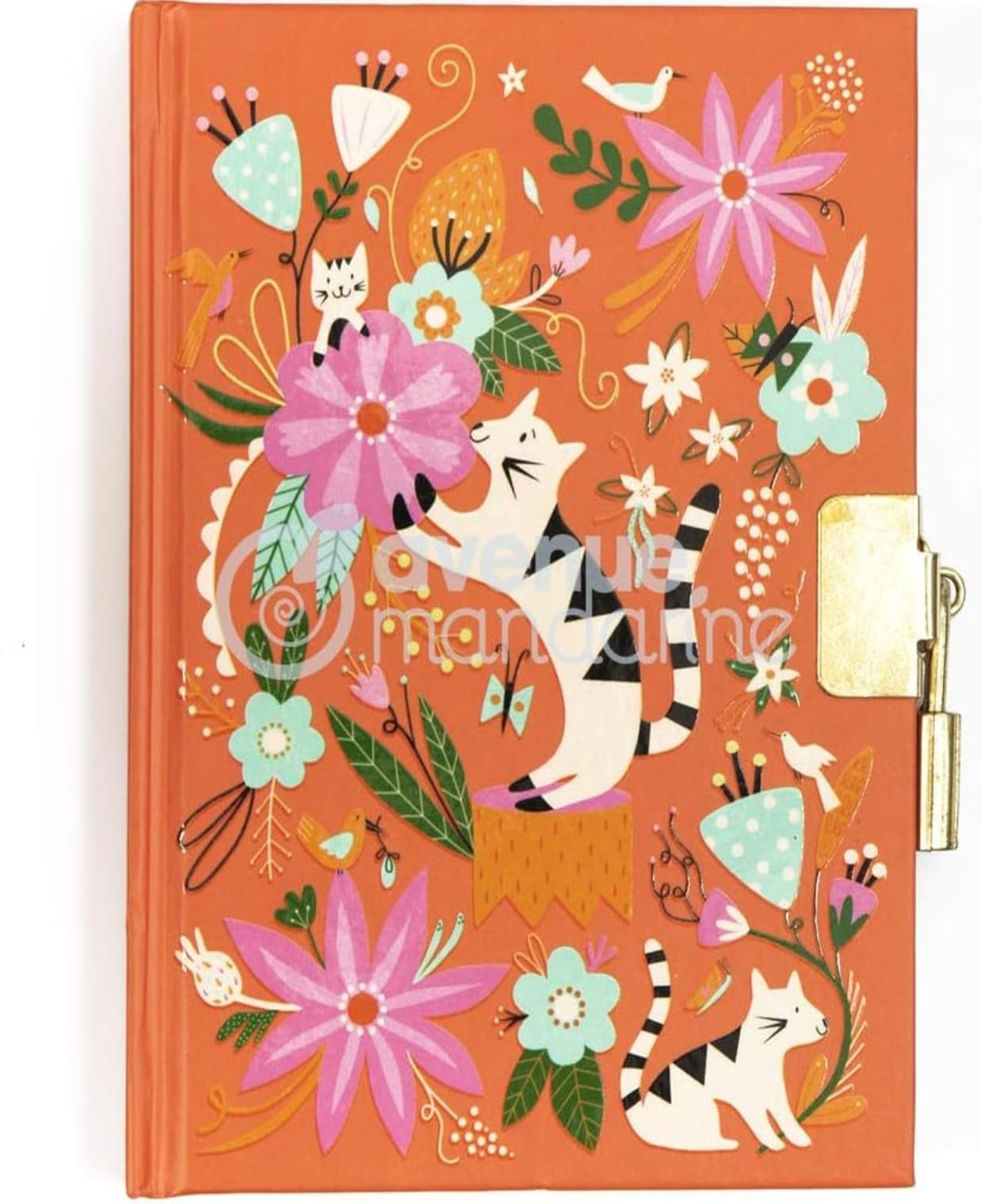 Avenue Mandarine - Ref CO206C - Private Diary with Padlock Closure - Cats & Flowers Design - 240 Ruled Pages, 110 x 140mm, Supplied with 2 Keys, Suitable for Ages 6+