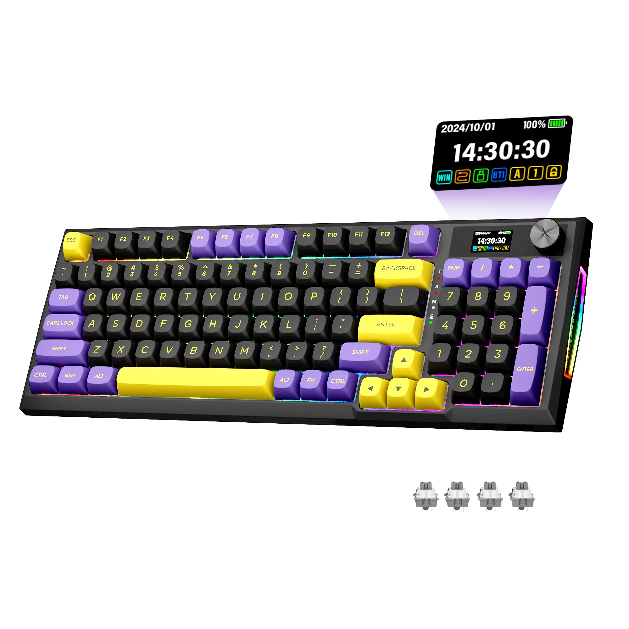 Redragon K725LBY Wireless Mechanical Keyboard with Screen and Knob, Tri-Mode BT5.0/2.4G/USB-C Gasket Computer Gaming Keyboard, 95 Keys Hot Swappable, RGB Backlit, Infinite Mirrors for PC/Mac, Purple Image