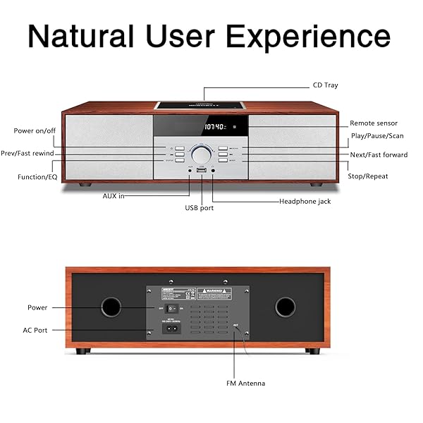NOSTALGIC BLUETOOTH STEREO SYSTEM FOR HOME, WISCENT VINTAGE MICRO HIFI SYSTEMS CD PLAYER,WITH BLUETOOTH AUDIO STREAMING,FM RADIO,USB PORT,AUX-IN,EARPHONE PORT (BROWN)