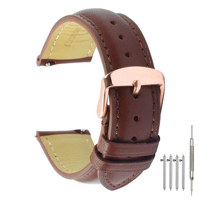 Quick Release Leather Watch Band 20mm Brown Replacement Watch Strap Genuine Polished Watch Clasp Buckle Padded Super Soft