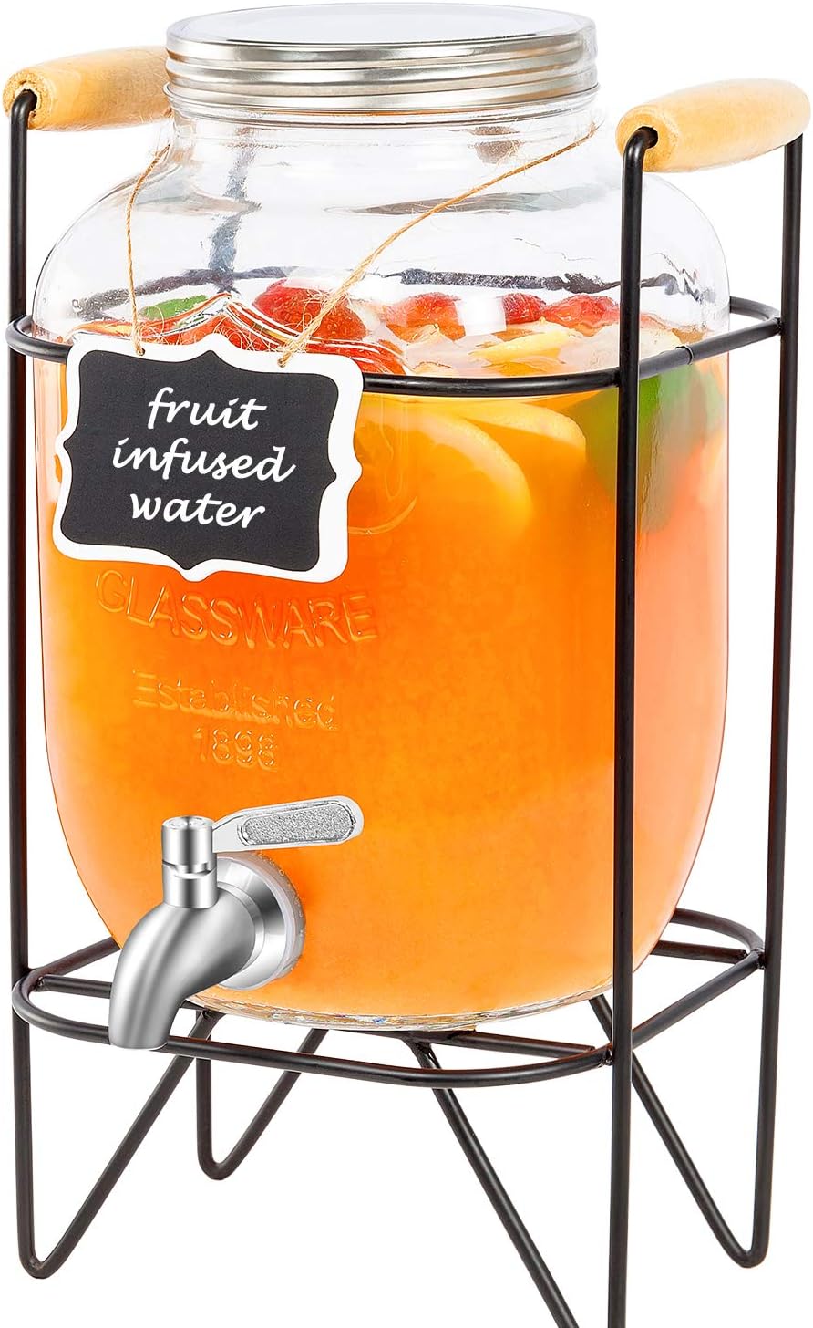 1 Gallon Glass Beverage Dispenser with Metal Stand, 18/8 Stainless Steel Spigot and Hanging Chalkboard - Vtopmart Drink Dispenser For Lemonade, Cold Water, Iced Tea, Kombucha and More