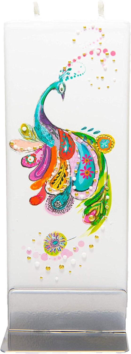 Flatyz Hand Painted Flat Candle| Unscented, Dripless, Smokeless, Decorative | Peacock | Double Wick with Metal Base | Unique Gift Idea and Home Décor Accent: Home & Kitchen