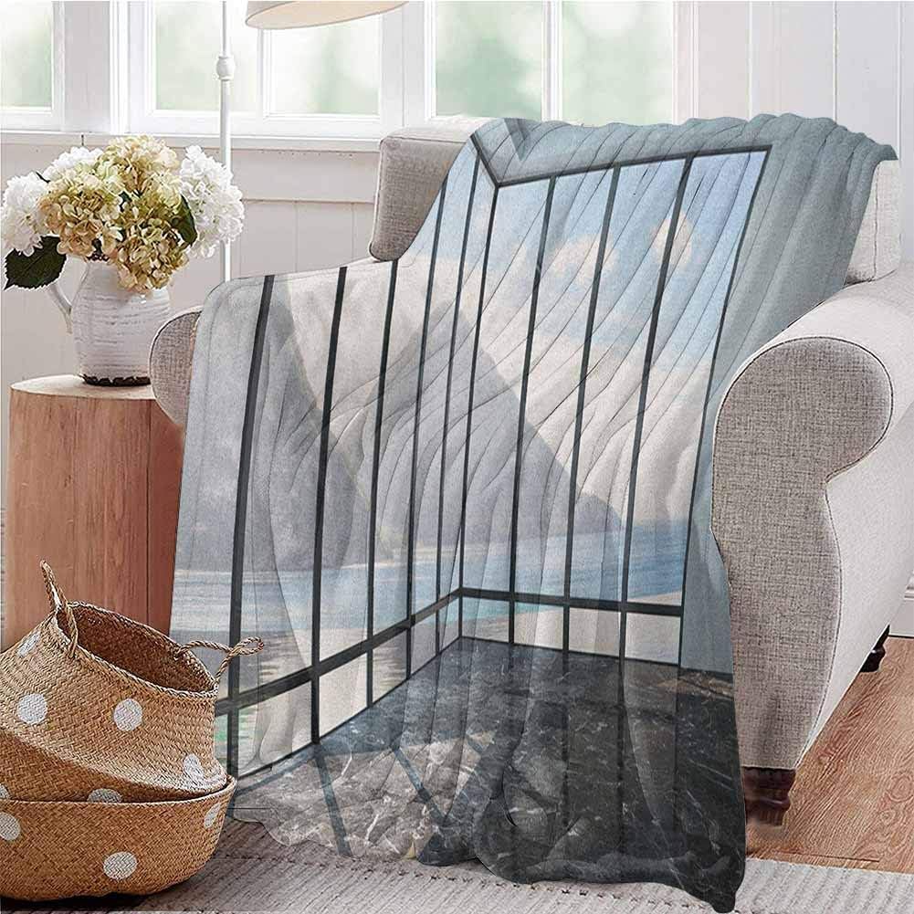 Luoiaax White Bedding Flannel Blanket Mountain Ocean Sea Clouds Scenery from Glass Window Photograph Super Soft and Comfortable Luxury Bed Blanket W91 x L60 Inch Black Charcoal Grey and Sky Blue