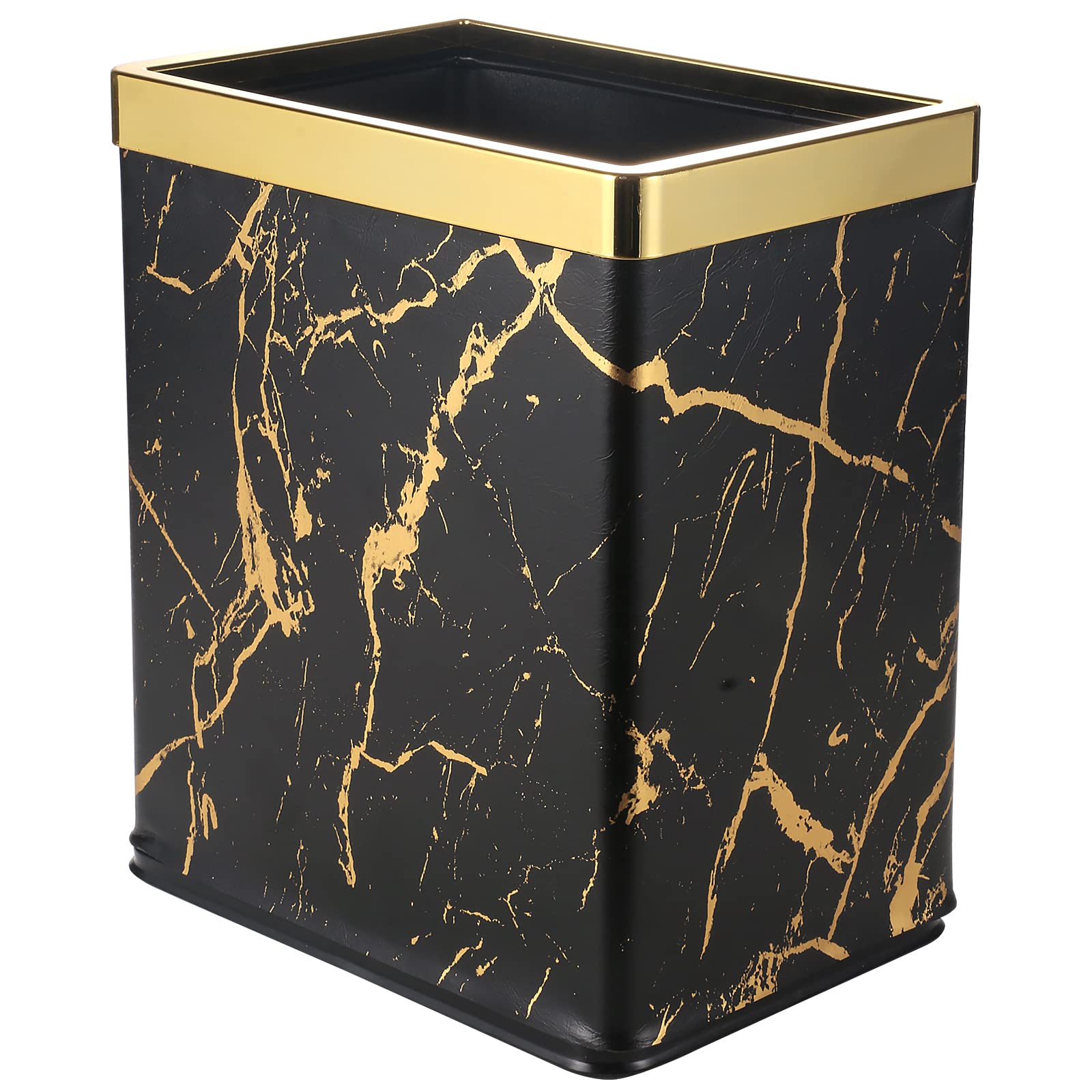 QLHIBLY Metal Recycling Waste Bin with Leather Cover,10L Double Layer Bin for Bedroom, Bathroom, Kitchen, Office, High Class Hotel (Black and Gold Marble)
