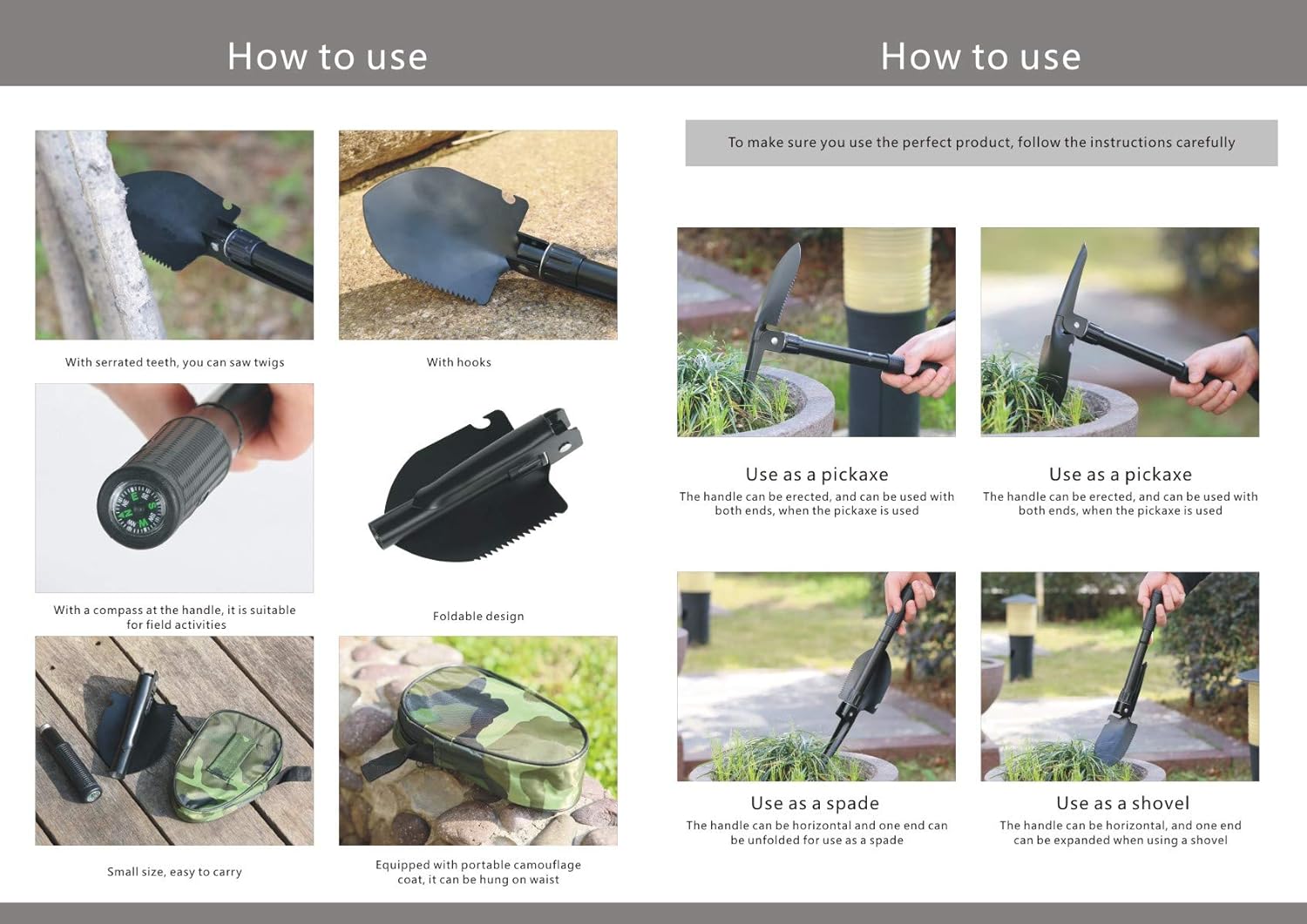 CLICIC Folding Shovel Survival Shovel - Excavating Tool Folding Shovel Camping Gardening Shovel with Wood Saw Side : Garden & Outdoor