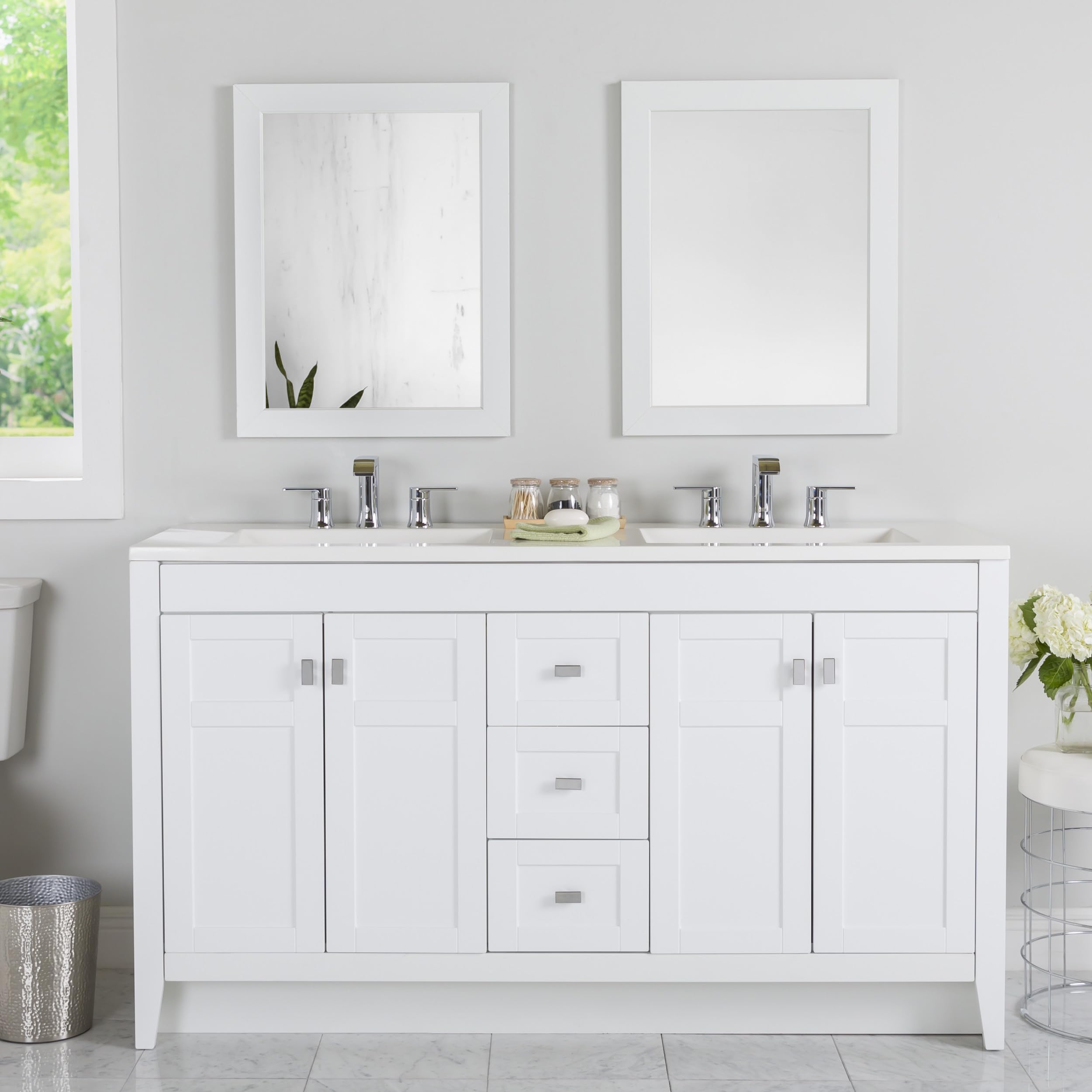 Photo 1 of **MAJOR DAMAGE TO SINK. SELLING FOR PARTS**Spring Mill Cabinets Lonsdale 60-Inch Double-Sink Bathroom Vanity with White Top, 2 Soft-Close Cabinets, 3 Drawers, 60.5" W x 18.75" D, White