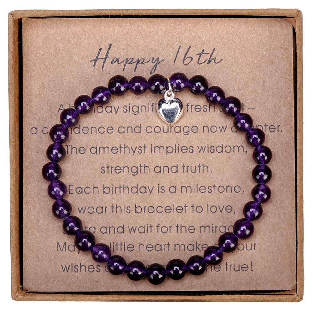 Giuesytic Gifts for 16 Year Old Girl Amethyst Bead Bracelet with Sterling Silver Heart Charm Sweet 16 Gifts for Girls with Card and Gift Box