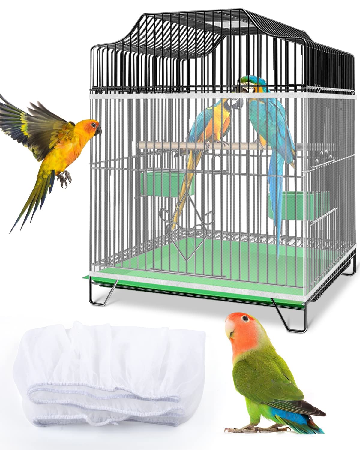 Photo 1 of Bissap Bird Cage Seed Catcher, Universal Birdcage Net Nylon Adjustable Elastic Band Stretchy Skirts Mesh Cover for Parrot Cage Seed Guard (Not Include Birdcage)- White