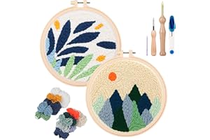 Zuaooz 2 Sets Punch Needle Kits,Leaf Sunset Punch Embroidery Kits for Adults Beginner, Tool with Punch Needle Fabric, Hoops, Yarns and Sewing Needles