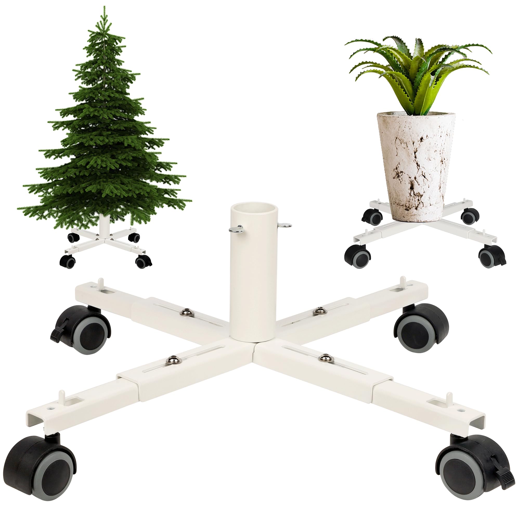 Photo 1 of Blissun Christmas Tree Stand Base with Wheels, Movable Christmas Fake Tree Holder, Fits up to 7.5FT Artificial Trees, Plant Caddy with Wheels, Plant Taxi, Plant Dolly Cart After Christmas (White)