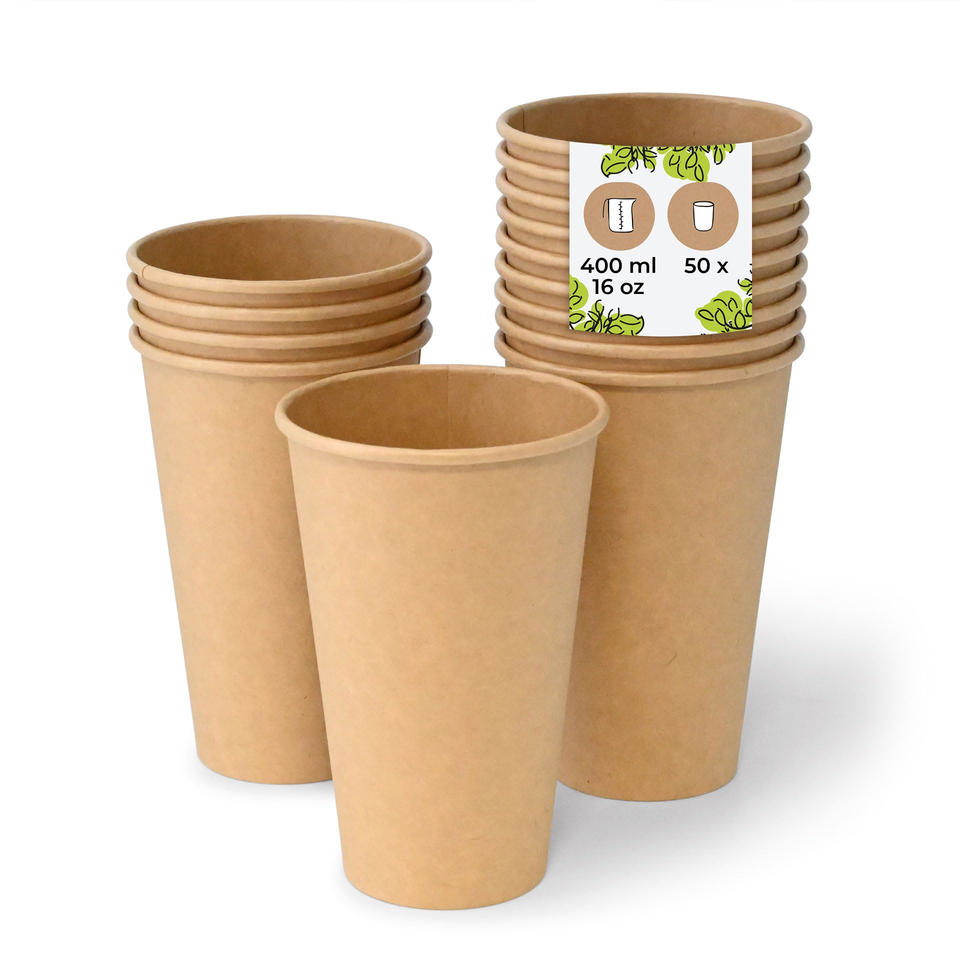 BIOZOYG 50x Disposable Coffee Cups 400 ml / 16 oz, Ø 90 mm Brown - Paper Cups for hot Drinks Plastic-Free - Coffee Cups Disposable