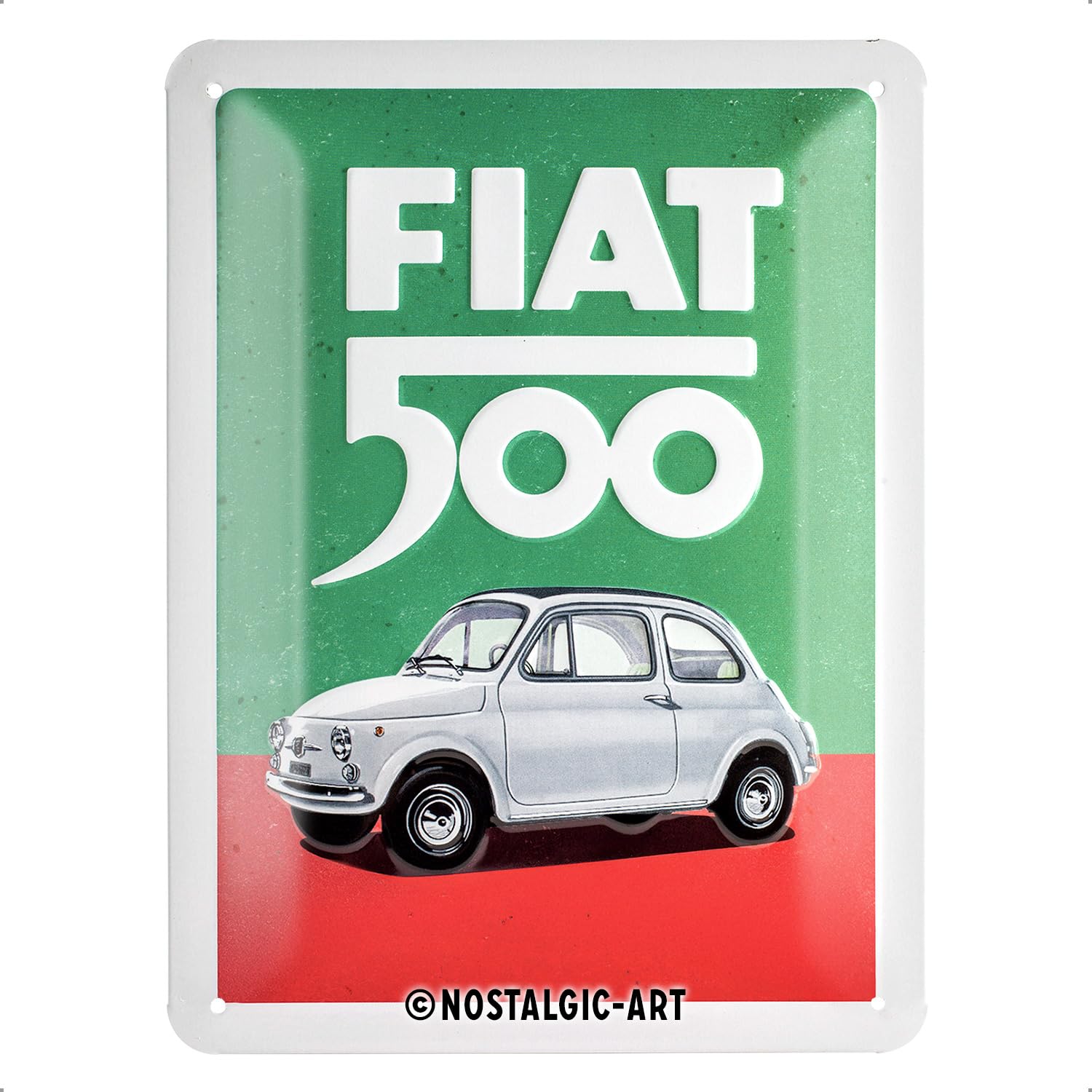 Nostalgic-Art Retro Tin Sign – Fiat 500 Italian Colours – Gift idea for car accessoires fans, Metal Plaque, Vintage design for decoration, 15 x 20 cm