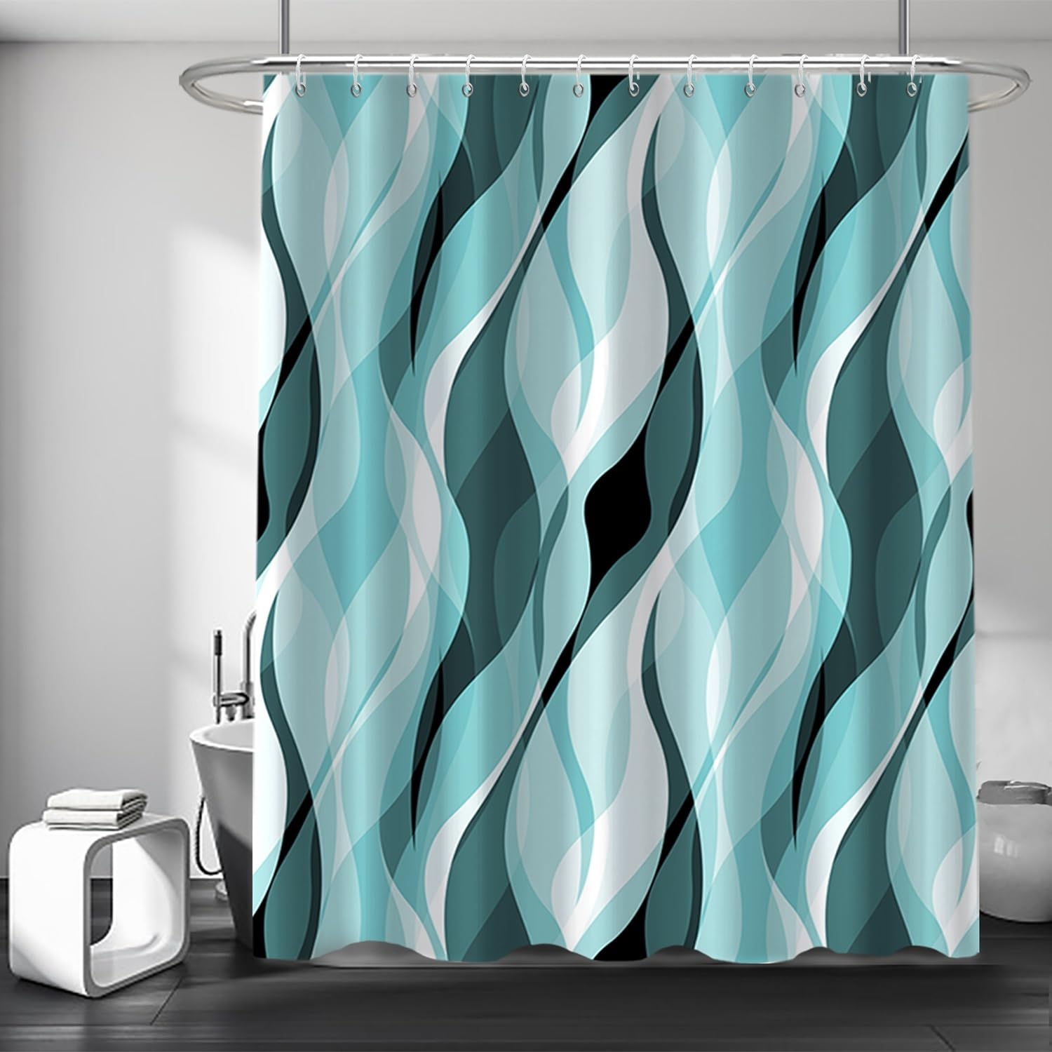 Ruelvth Teal Shower Curtain, Abstract Turquoise and Grey Striped Shower