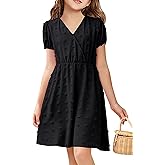 NHDBCUF Girls' Swiss Dot Dress Kids Casual Babydoll V-Neck Flowy A Line Party Swing Mini Dresses for 5-14 Years