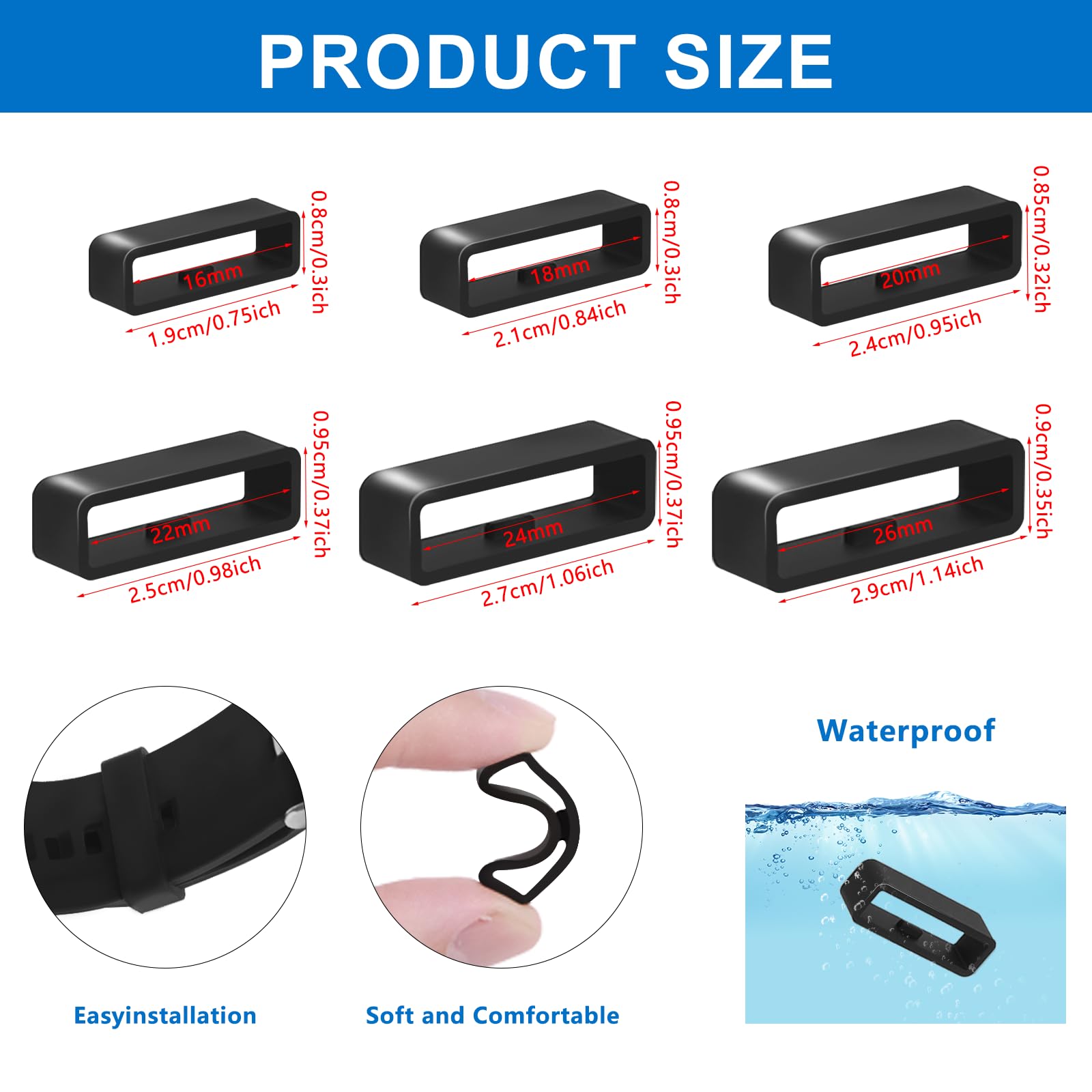 Vnsuyo 6 Pcs Watch Band Keepers, 16mm/18mm/20mm/22mm /24mm/26mm Watch Strap Holder Loops Retainer, Black Silicone Watch Band Fastener Rings Replacement Parts for Smart Sport Watches