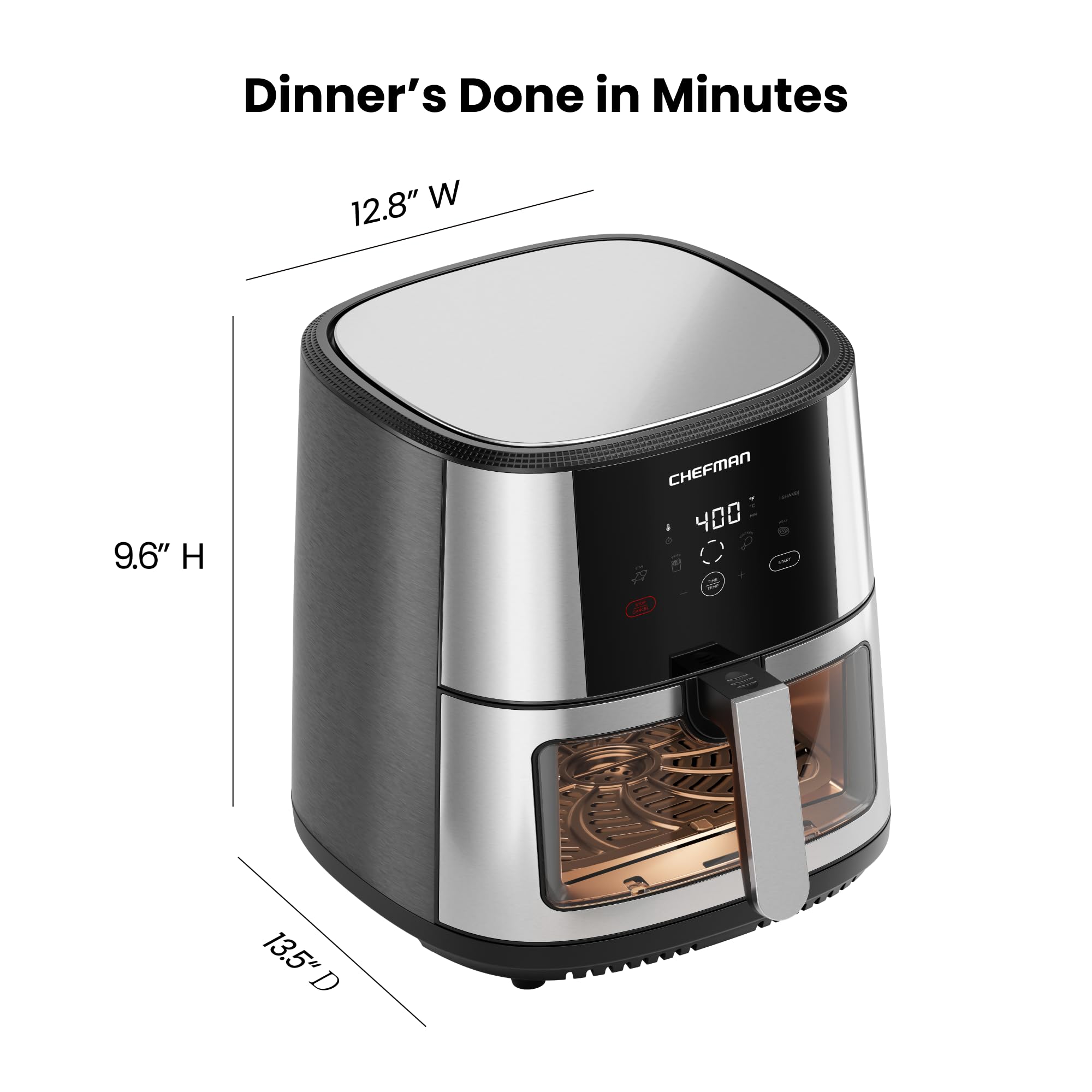 Freidora de aire CHEFMAN Easy-View - Tamaño familiar de 8 cuartos con ventana de visualización, control digital de un toque con 4 preajustes, antiadherente y apta para lavavajillas, asar, asar, deshidratar, hornear, apagado automático, acero inoxidable