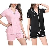 Women's Pajama Short Set 2-Pack - Lightweight Soft PJ Sets for Women with Button-Front Top, Elastic Waistband & Cute Prints