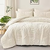 FLYMME Ivory Queen Comforter Set,Boho Soft Warm Tufted Neutral Bed in a Bag,Lightweight Fluffy All Seasons Bedding with Botanical Palm Leaf Pattern,3 Pieces (Comforter&2 Shams)