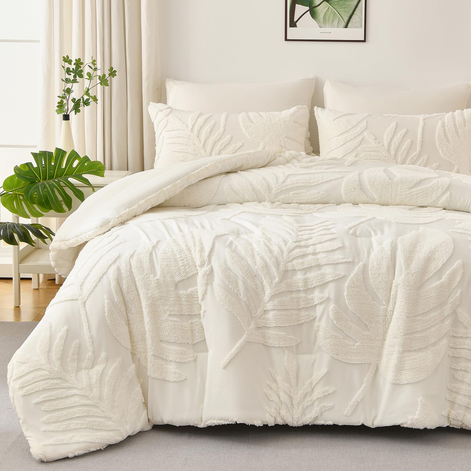 Photo 1 of FLYMME Ivory Queen Comforter Set,Boho Soft Warm Tufted Neutral Bed in a Bag,Lightweight Fluffy All Seasons Bedding with Botanical Palm Leaf Pattern,3 Pieces (Comforter&2 Shams)