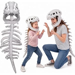 KOEVSU Dinosaur Skeleton Costume, Silly Dino Plush Skeleton Outfit with Spine & Headgear, 3D Bones Cosplay for Halloween