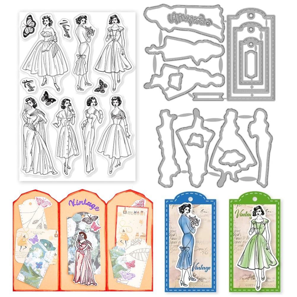 INFUNLY 3pcs Vintage Lady Clear Stamps and Dies for Card Making Tag Cutting Dies Butterfly Rubber Stamp Retro Women Transparent Stamps Frame Die Cutters for DIY Scrapbooking Photo Album Decoration
