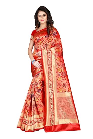 Womens Banarasi Jacquard Silk Saree With Blouse Piece (Red)