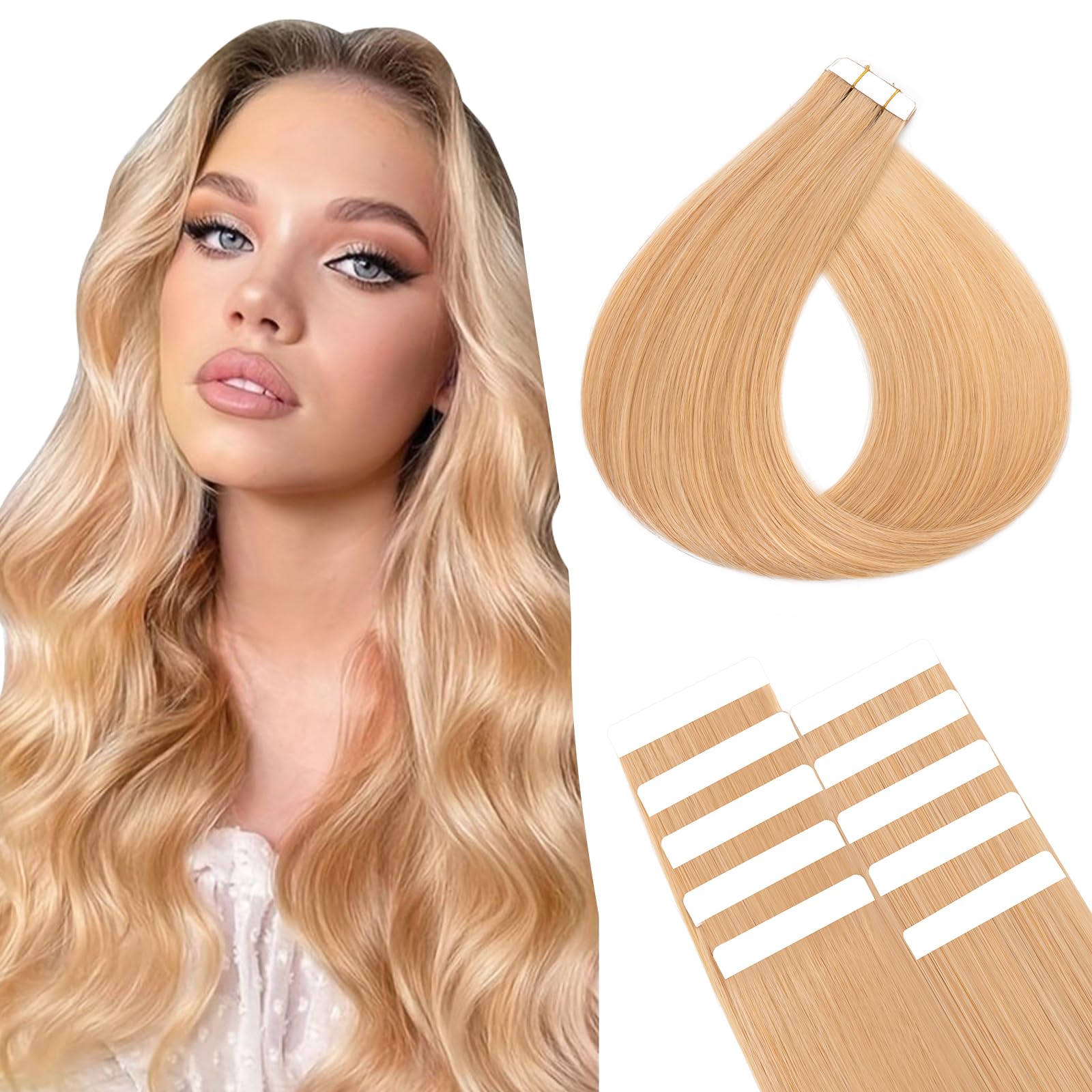 SEGOHAIR 10Pcs Human Hair Tape in Extensions, 18" Thin Tape Hair Extensions,Human Hairpieces Tape in Hair Extensions with 5pcs Replacement Tape Golden Blonde(15g) — image 1