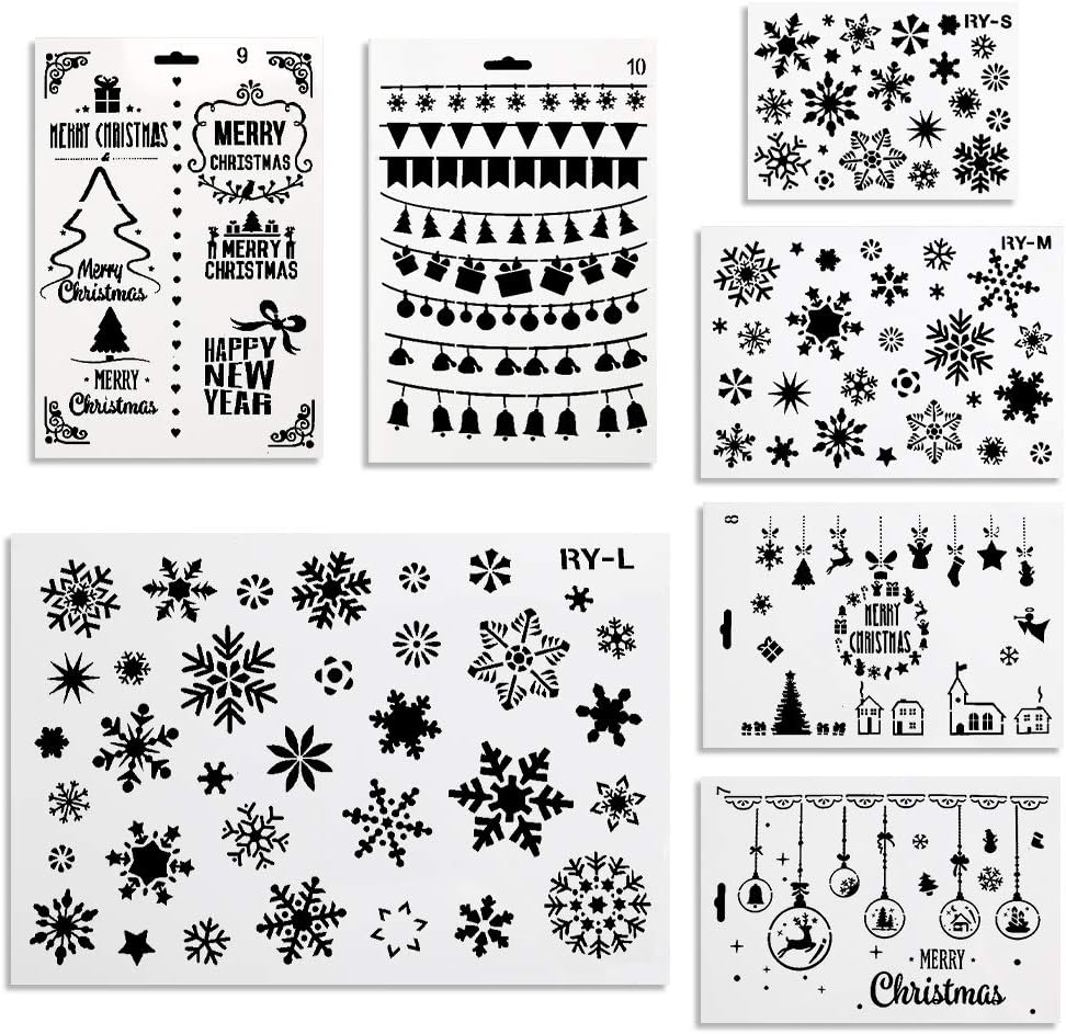 Koogel 7PCS Christmas Stencils, Including 3PCS Winter Stencils and 4PCS Holiday Stencils, Plastic Stencil Template for Planner Diary Card DIY Drawing Painting Craft Projects