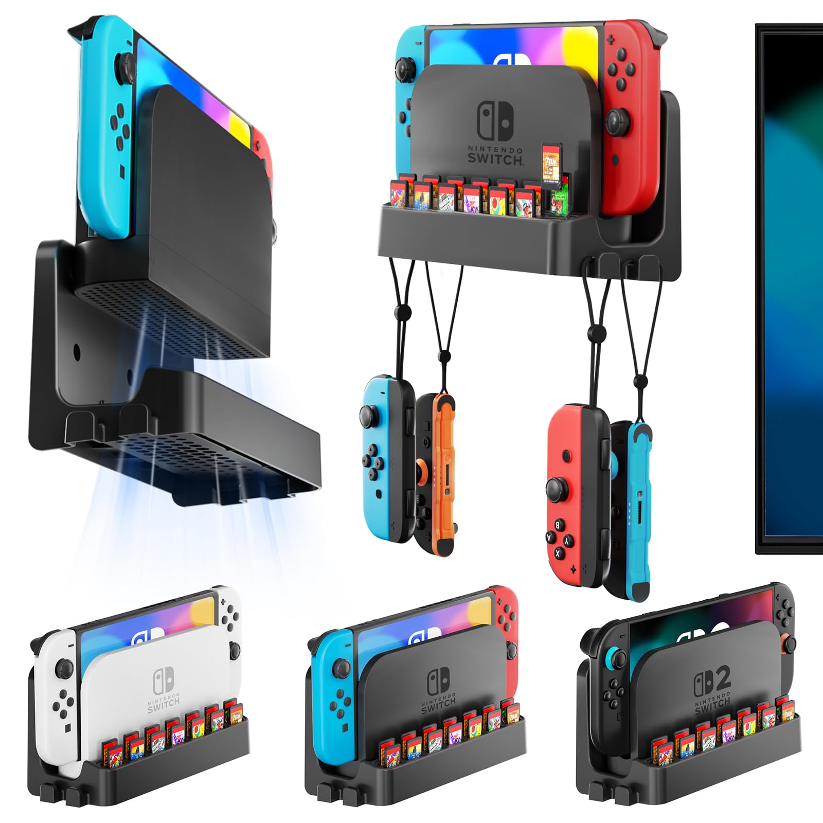 Switch 2/1 Wall Mount Kit for Switch 2/ OLED/Original Versions, Self Wall Holder Stand with Joycons Strap Hanger & 14 Game Slots Rack for Switch TV Dock Console, Display Bracket Behind TV