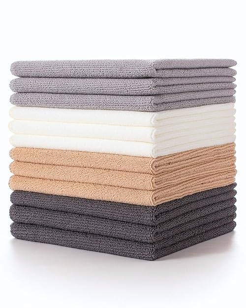 Lumimi Cleaning Cloth 12 Piece Microfiber Ultrafine Very Thick Wiping Drying Well Durable Reusable Multicolored Size 15" x 15" Beige White Light Grey, Pack of 12