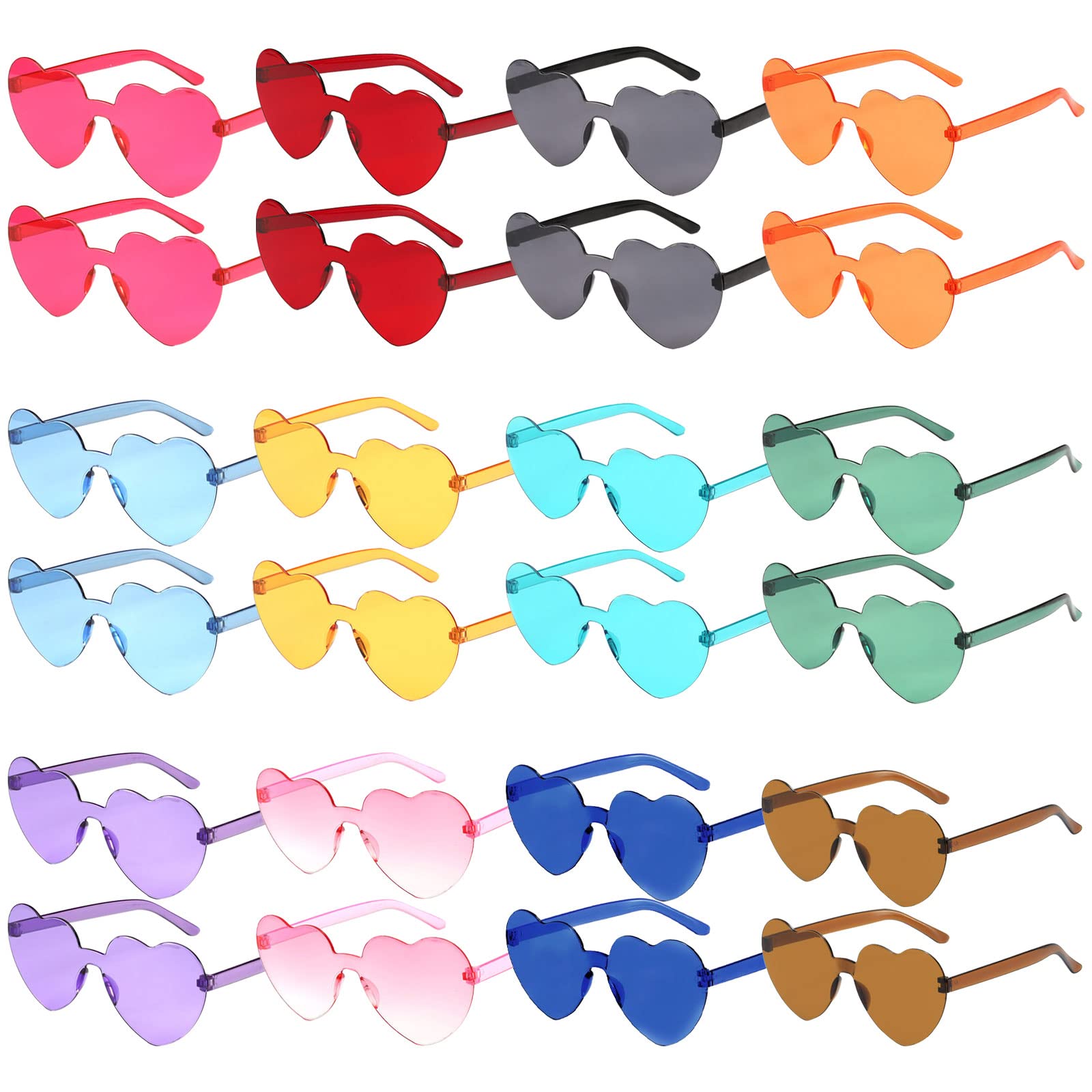 OundarM 24 Pack Love Heart Shaped Sunglasses, Rimless Coloured Party Glasses for Adults, Bulk Party Favour Pack for Hen Do, Festival, Fancy Dress & Photo Booth, Concert