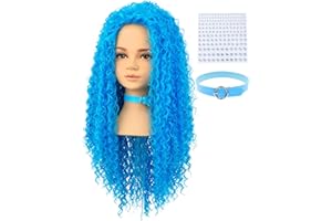 AMZCOS Kids Long Wavy Curly Blue Heat Resistant Synthetic Hair Wigs with Blue Choker and Stickers for Girls Toddler Halloween Costume Party (Small Size)