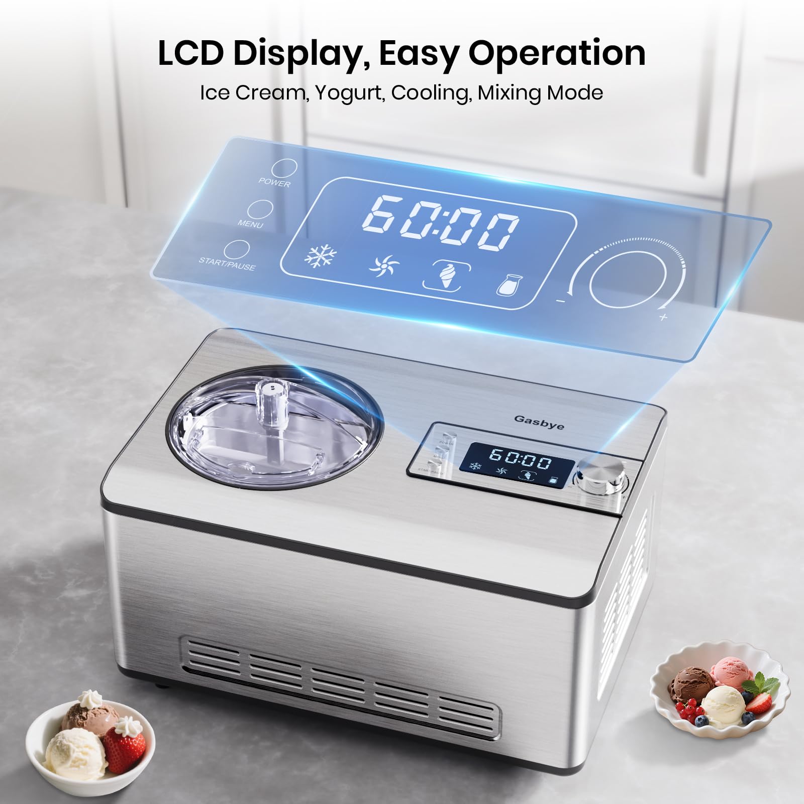 Máquina para hacer helados Gasbye con compresor mejorado, [congelación 40% más rápida], no necesita precongelación, pantalla LED, capacidad de 2.1 cuartos, fácil operación para helados y yogures, acero inoxidable