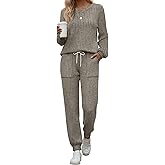 Sweetyweee Women's Ribbed Knit Lounge Sets 2 Piece Outfits Lounge Pajamas Set Long Sleeve Top Pants Loungewear with Pockets(Khaki,Large)