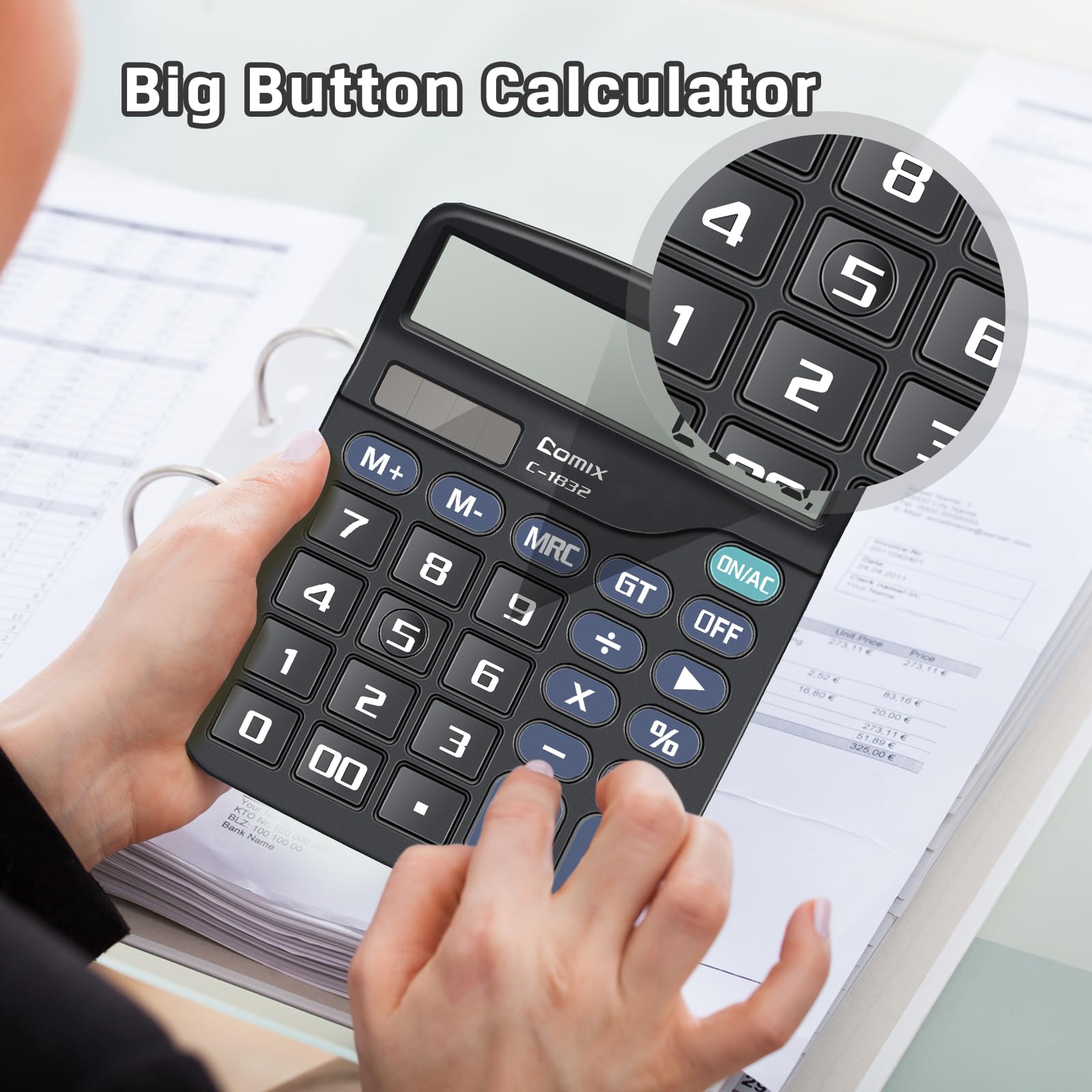 Comix Desktop Calculator 12 Digit with Large LCD Display and Big Button, 12 Digits Baisc Calculator, Solar Battery Dual Powered, for Office Home School C-1832 (Black)