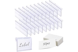 Meetory 50 PCS Clear Plastic Label Holders for Wire Shelf Retail Price Label, Basket Bin Labels Clip On, Labels for Storage Bins, Merchandise Sign Display Holder for Supermarket,Label Papers Included