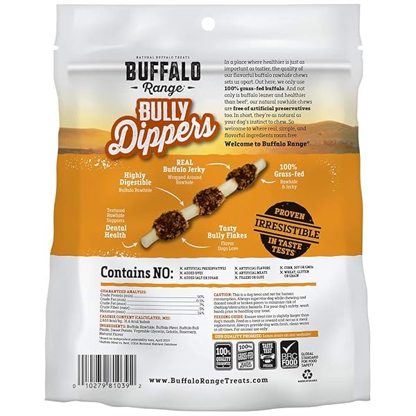 BUFFALO RANGE RAWHIDE DOG TREATS | HEALTHY, GRASS-FED BUFFALO JERKY RAW HIDE CHEWS | HICKORY SMOKED FLAVOR | JERKY KABOB WITH BULLYPIECE | 12 COUNT