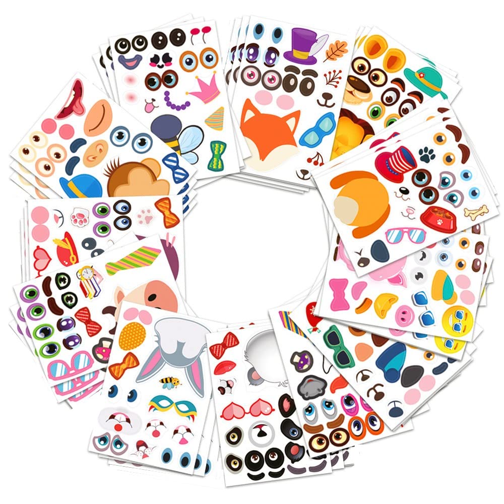 JZK 36X Make a Face Sticker for Kids, Waterproof Tear Resistant Animal Stickers, Cartoon Animal Make Your Own Stickers for Children Birthday Party Favours, Party Bag Fillers