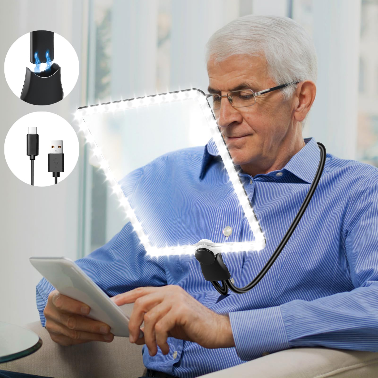 NZQXJXZ 5X Rechargeable Magnifying Glass with Light, Large Hands-Free Magnifying Glasses with Flexible Gooseneck, 10.1''x7.4'' Ultra Clear Lens, Perfect for Reading, Repair, Sewing, Low Vision Seniors