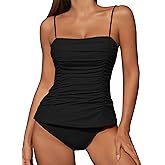 ZAFUL Womens Tankini Swimsuits 2025 Spaghetti Strap Two Pieces Ruched Top Tummy Control High Waisted Bottom Bathing Suits