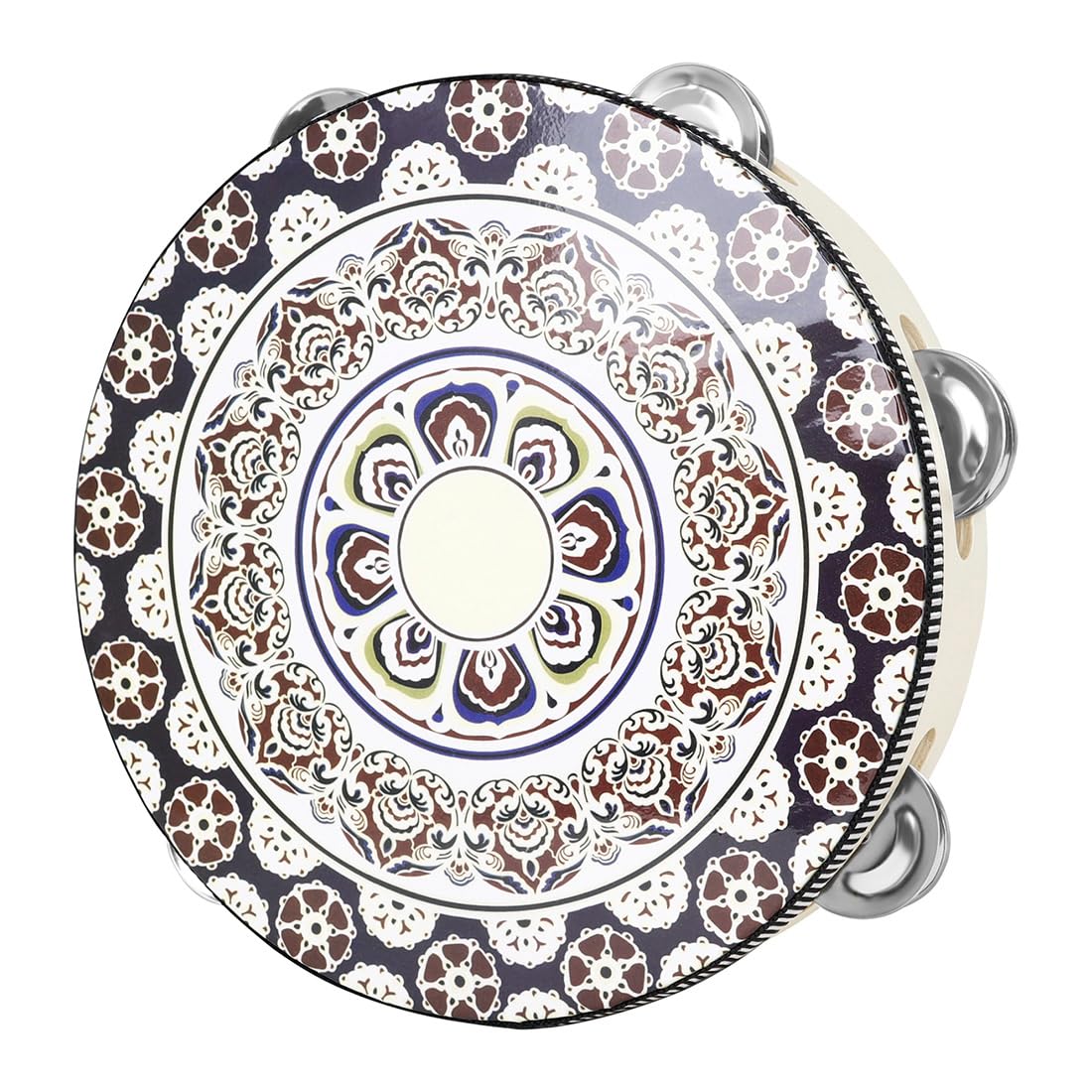 OriGlam 8 Inch Tambourine Wood Handbell Music Drum, Handheld Tambourine Drum Bell Metal Jingles Percussion Instrument for Church, Dance, Party, KTV (White)