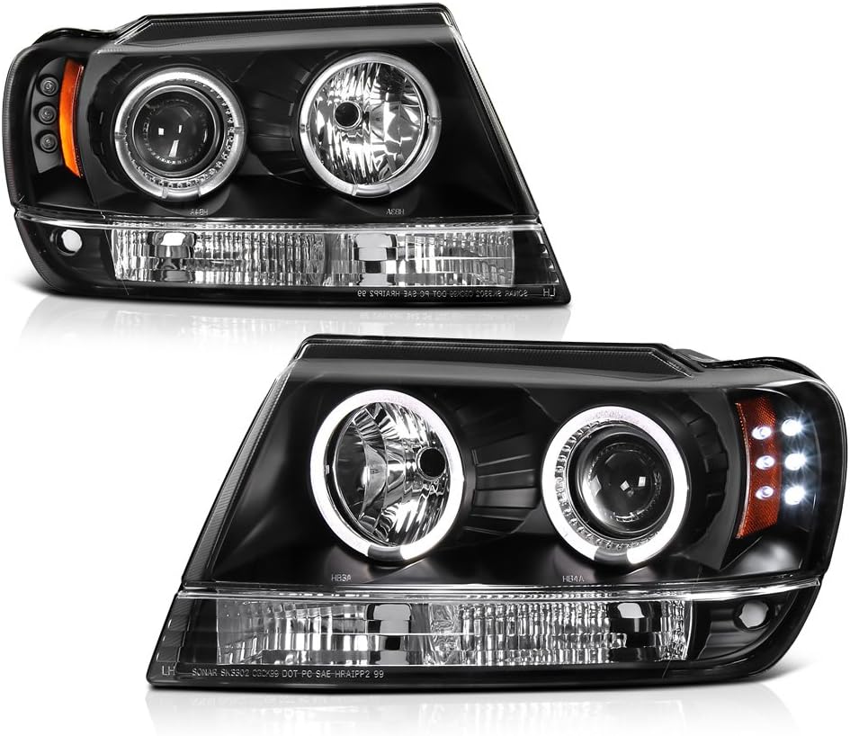 [For 1999-2004 Jeep Grand Cherokee] LED Halo Ring Black Housing Projector Headlight Headlamp Assembly, Driver & Passenger Side
